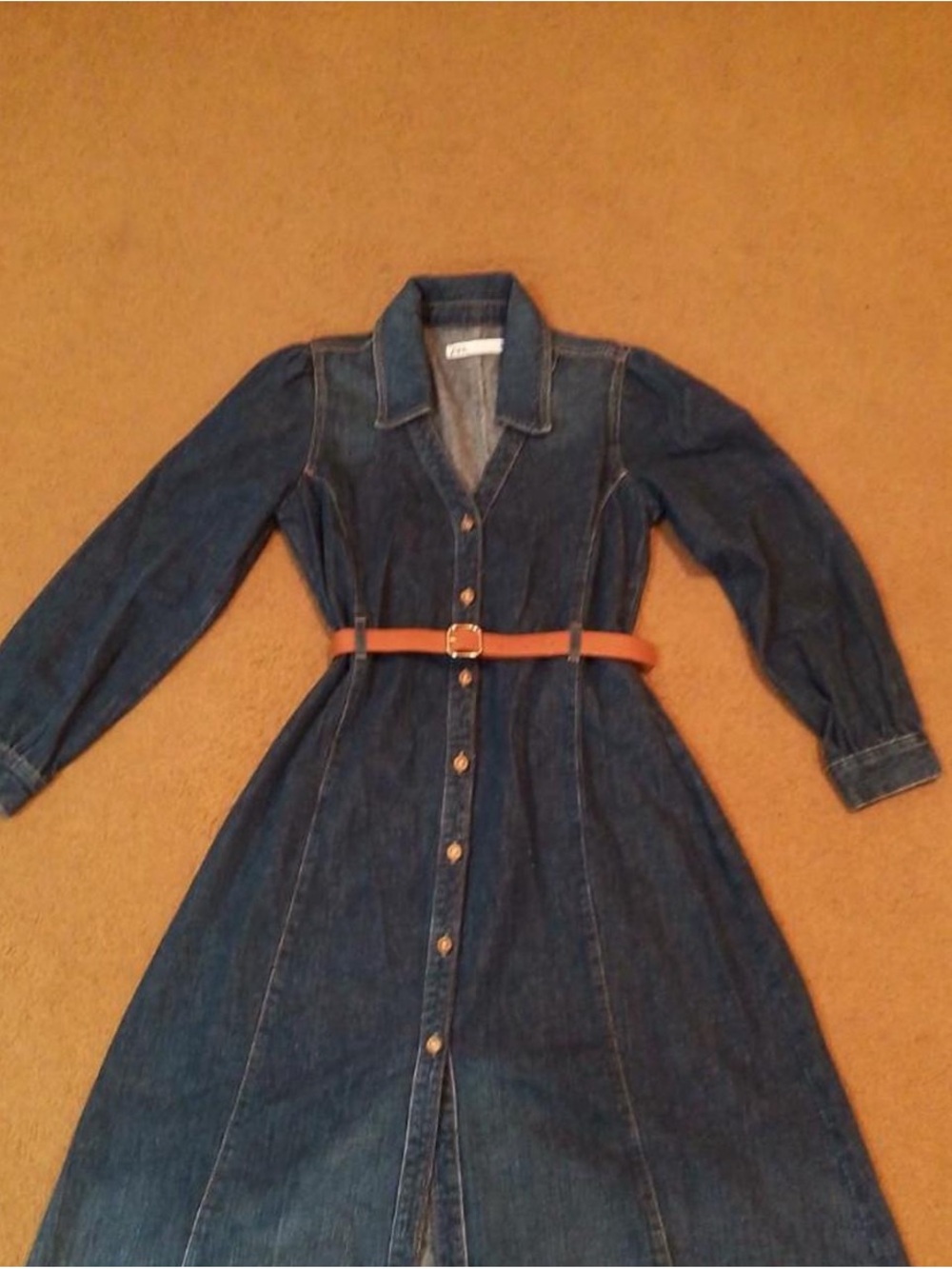 Zara Dark Blue Denim Midi Dress with Tan Belt
